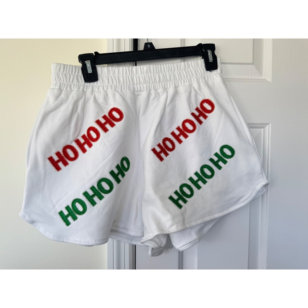 Queen of Sparkles White Ho Ho Ho Christmas Shorts Sequin Chenille Patch Womens M